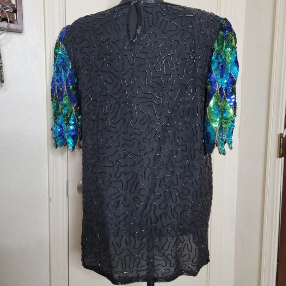 VTG Praise Hymn Fashions Pure Silk Sequin Beaded Green Blue Formal Blouse Top✨️M - Picture 2 of 16
